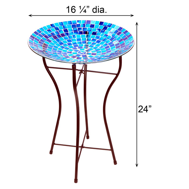 Audubon Glass Mosaic Bird Bath with Steel Stand, Blue