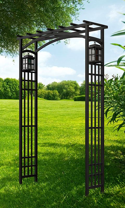 Panacea Mission Garden Arbor with Lanterns, Black, 79.5"H