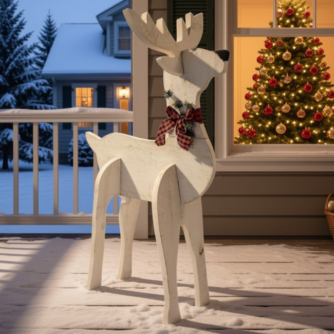 Amish-Made Wooden Reindeer Statue, White