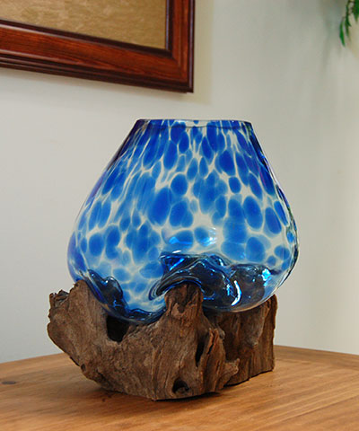 Cohasset Md Molten Glass Blue Accented Bowl & Wood Sculpture