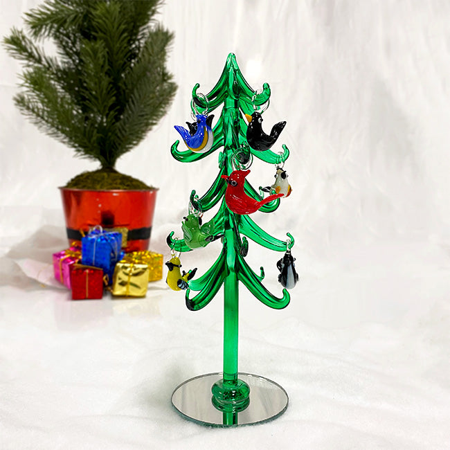 Glass Evergreen Tree with Assorted Bird Ornaments